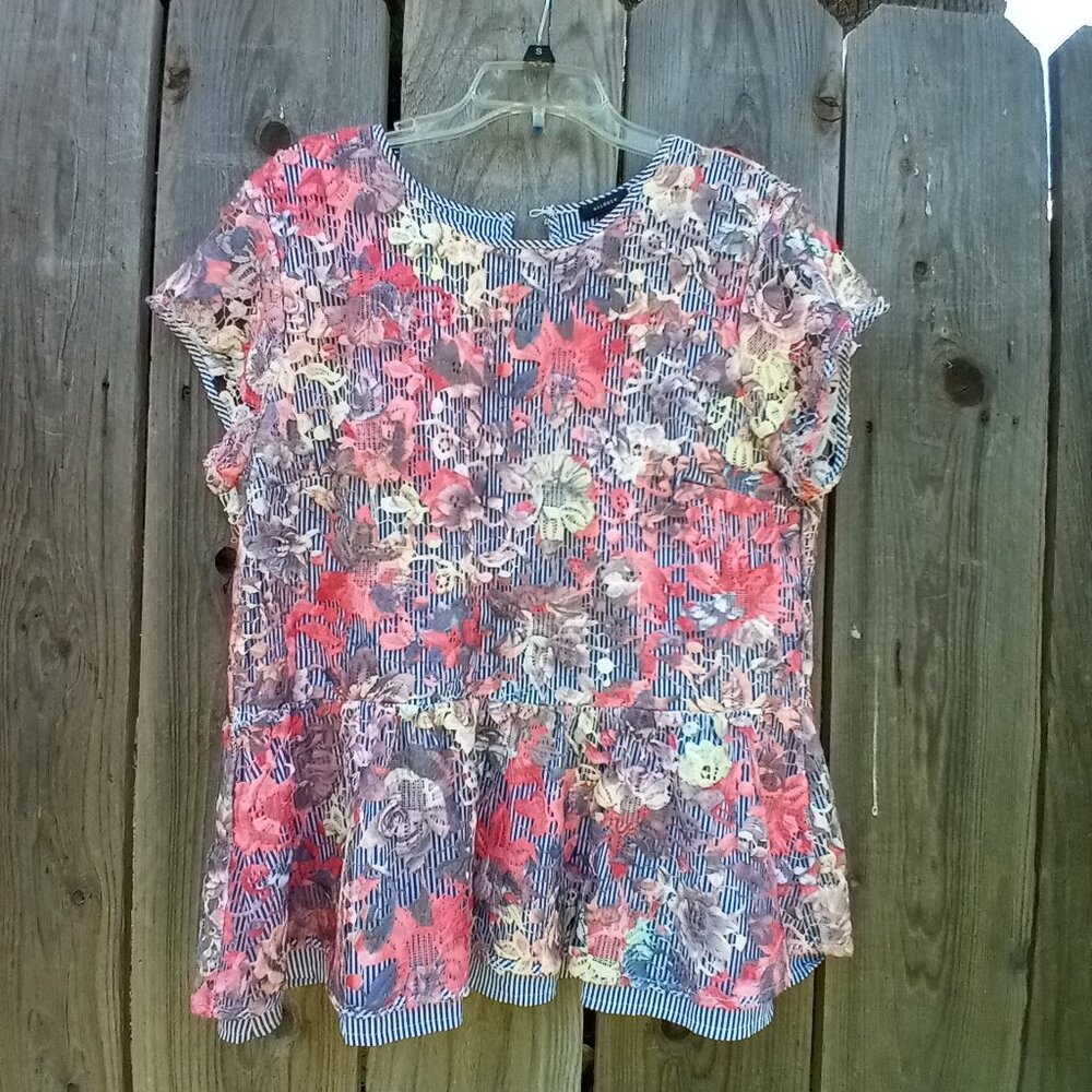 HALOGEN TOP WOMENS SZ 1 MULTICOLOR PULLOVER PEPLUM SHORT SLEEVE ROUND NECK